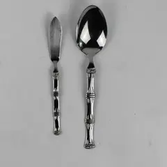 Lot of 2 Cuisinart Bamboo Pattern 18/10 SS 1 Butter Knife 1 Solid Serving Spoon
