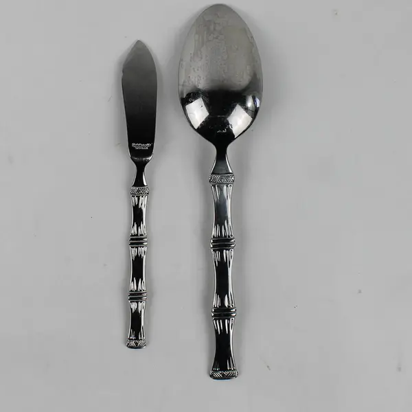Lot of 2 Cuisinart Bamboo Pattern 18/10 SS 1 Butter Knife 1 Solid Serving Spoon