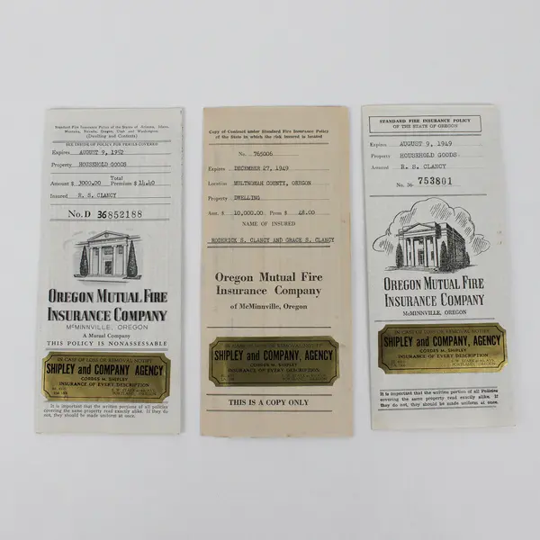 Set Of 3 Oregon Mutual Fire Insurance Policy Papers 1949-52 RS Clancy Portland
