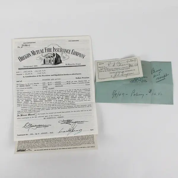 Set Of 3 Oregon Mutual Fire Insurance Policy Papers 1949-52 RS Clancy Portland