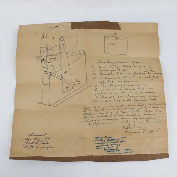 Original 1940s Invention Patent Drawings Paper Bag Handle RS Clancy Oregon