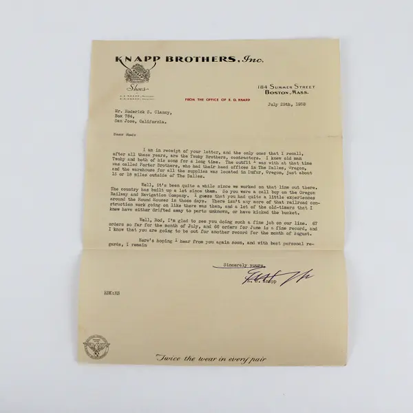 1938 ED Knapp Shoes Letter To Salesman Roderick Clancy Oregon Railroad Memories