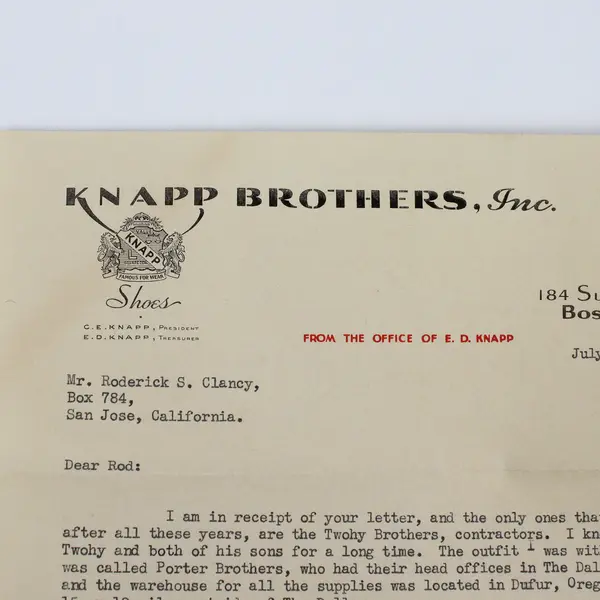 1938 ED Knapp Shoes Letter To Salesman Roderick Clancy Oregon Railroad Memories