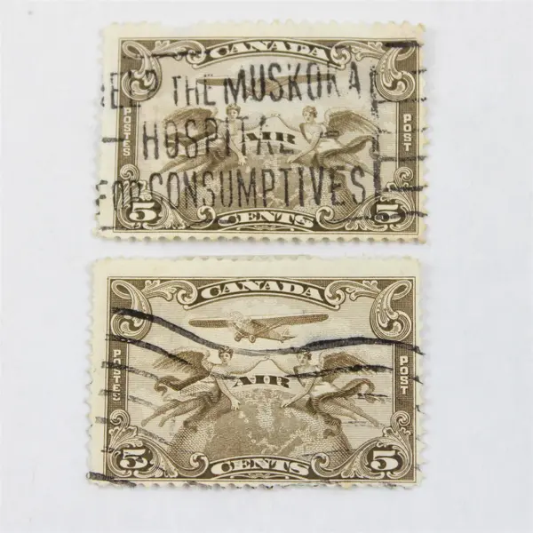 Set Of 2 1928 Canada 5 Cent Airmail Stamps Used Muskoka Hospital Postmark