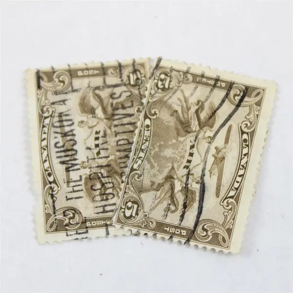 Set Of 2 1928 Canada 5 Cent Airmail Stamps Used Muskoka Hospital Postmark