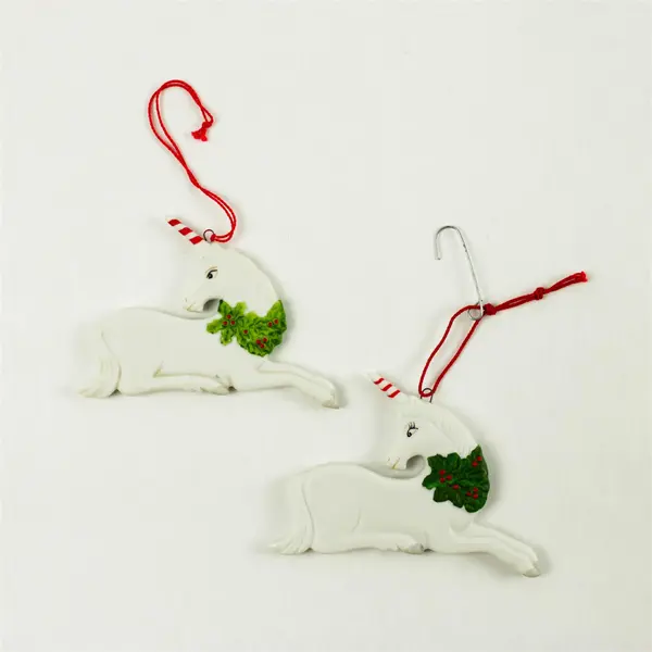 Lot Of 2 Matching Gordon Fraser Schmid Unicorn W/ Wreath Hanging Ornament 1984