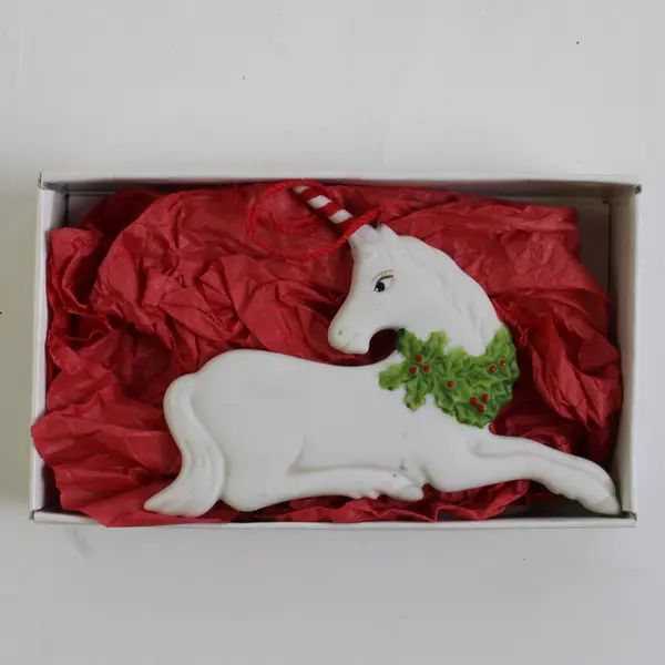 Lot Of 2 Matching Gordon Fraser Schmid Unicorn W/ Wreath Hanging Ornament 1984
