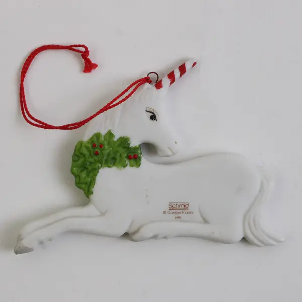 Lot Of 2 Matching Gordon Fraser Schmid Unicorn W/ Wreath Hanging Ornament 1984