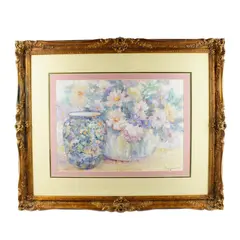 Framed And Matted Jennifer's Flowers Watercolor Art Print Signed Nancy Lund "88