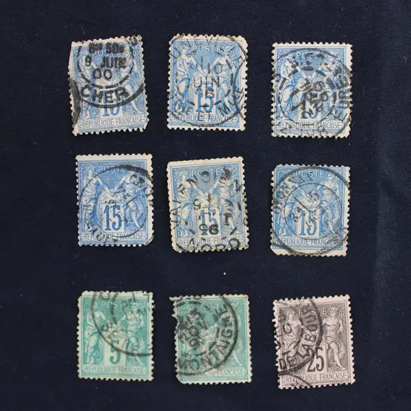 Lot Of 9 France Peace Commerce Type Sage 5/15/25c Stamps Used 1890s
