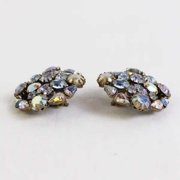 Vintage Aurora Borealis Rhinestone Cluster Clip-On Earrings Austria