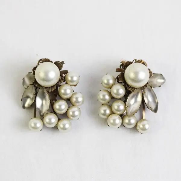 Vintage Faux Pearl Cluster Clip-On Silver-Tone Earrings