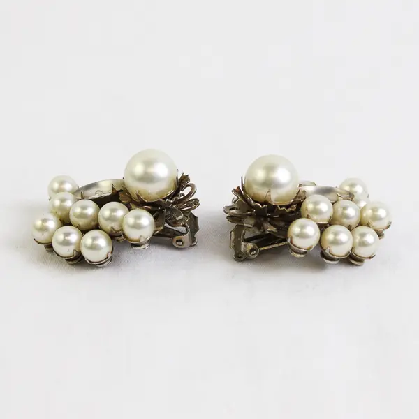Vintage Faux Pearl Cluster Clip-On Silver-Tone Earrings