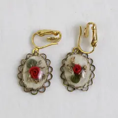 Vintage Encased Rose Gold-Tone Scalloped Bezel Clip-On Drop Earrings