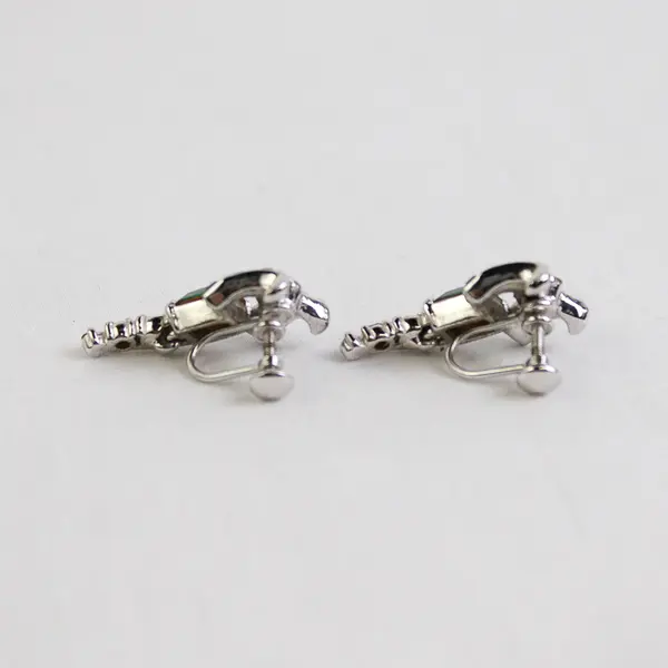 VTG Faux Emerald and Colorless Rhinestone Silver-Tone Screw Back Drop Earrings