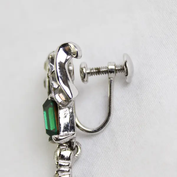 VTG Faux Emerald and Colorless Rhinestone Silver-Tone Screw Back Drop Earrings