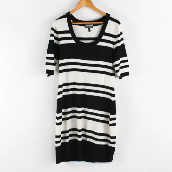 Allison Brittney Black and White Striped Half-Sleeve Knit Dress Women's XL