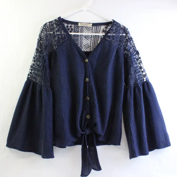 Wekeupp Navy Blue Waffle Knit Crochet Bell Sleeve Top Women's Medium