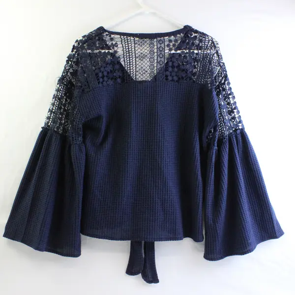 Wekeupp Navy Blue Waffle Knit Crochet Bell Sleeve Top Women's Medium