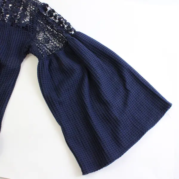Wekeupp Navy Blue Waffle Knit Crochet Bell Sleeve Top Women's Medium