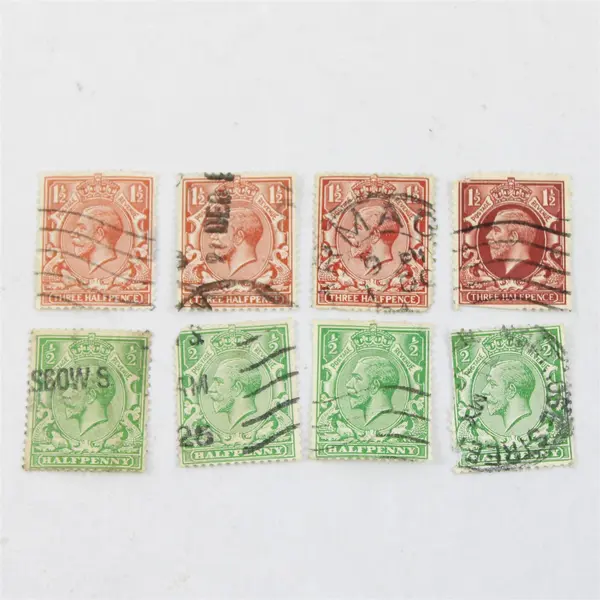 Lot Of 8 Great Britain King George V Halfpenny Three Halfpence Stamps Used