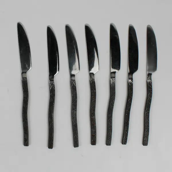 Lot of 7 Gourmet Settings New Wave Dinner Knives Stainless Steel Oxidized Handle
