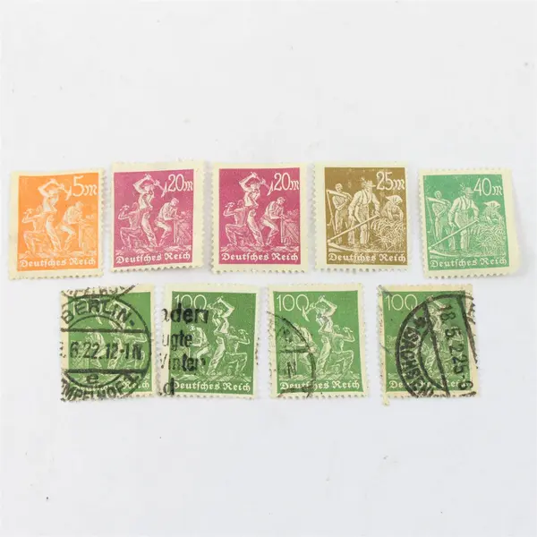 Lot Of 9 Weimar Germany Worker Farmer 5/20/25/40 Mark 100 Pfennig Stamps Used
