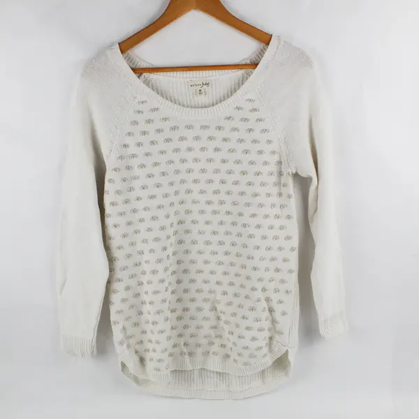 Maison Jules Women's M White w/ Gold Metallic Cotton Knit Long Sleeve Sweater