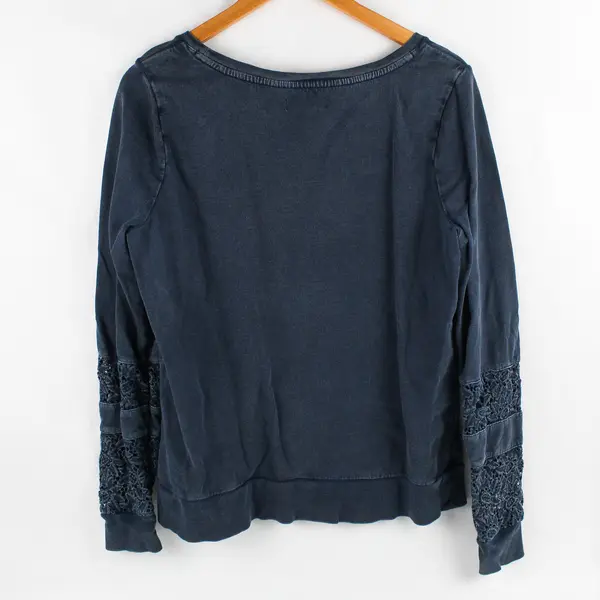 Lucky Lotus Women's M Blue Floral Lacy Cut Out Long Sleeve Cotton Pullover