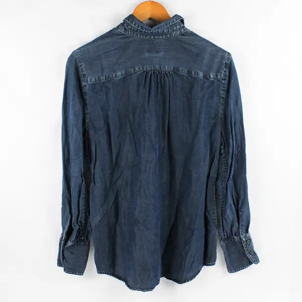 Chico's Women's 1 (8/10) Dark Blue Denim 1/2 Button Up Long Sleeve Tunic Blouse