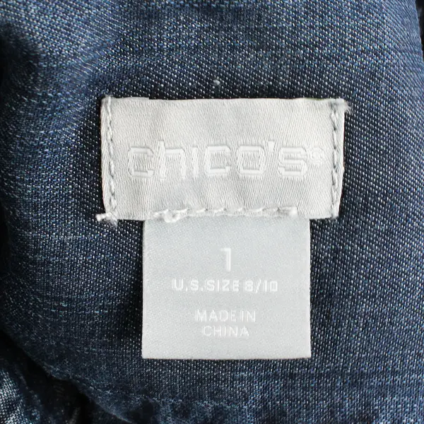 Chico's Women's 1 (8/10) Dark Blue Denim 1/2 Button Up Long Sleeve Tunic Blouse