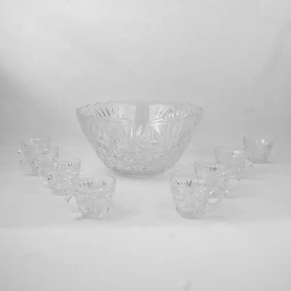 Vintage Anchor Hocking Arlington Pattern Punch Bowl Set w/ 8 Cups 