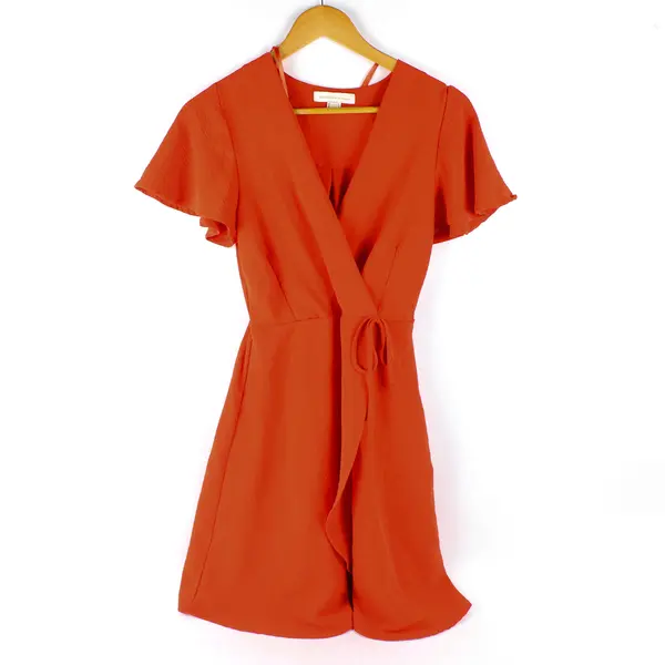 Monteau Los Angeles Orange Flutter Sleeve Faux Wrap Dress Women’s XS