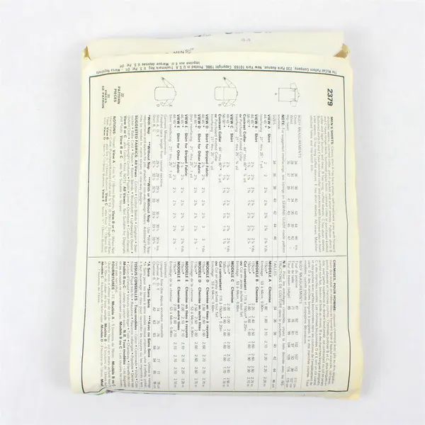 VTG 1986 McCall's Today's Man Button-Up Shirt Pattern #2379