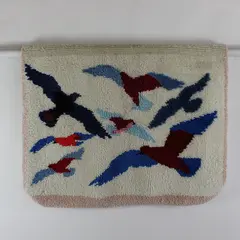 Vintage Handmade Hand-Hooked Rug w/Bird Motif Cream, Pink, Multicolor 52"x 34"