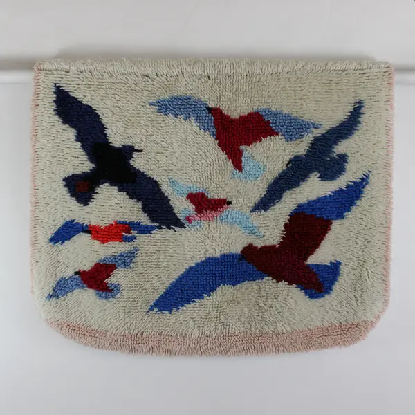 Vintage Handmade Hand-Hooked Rug w/Bird Motif Cream, Pink, Multicolor 52"x 34"