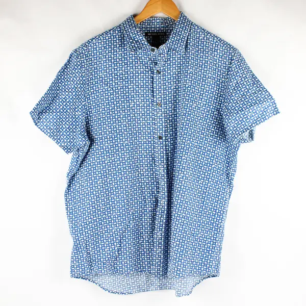 Michael Kors Geometric White/Blue Short Sleeve Collared Button Up Men's L