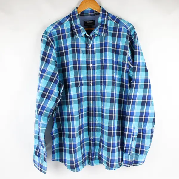 American Eagle Outfitters Blue Plaid Long Sleeve Collared Button Up Men's XXL