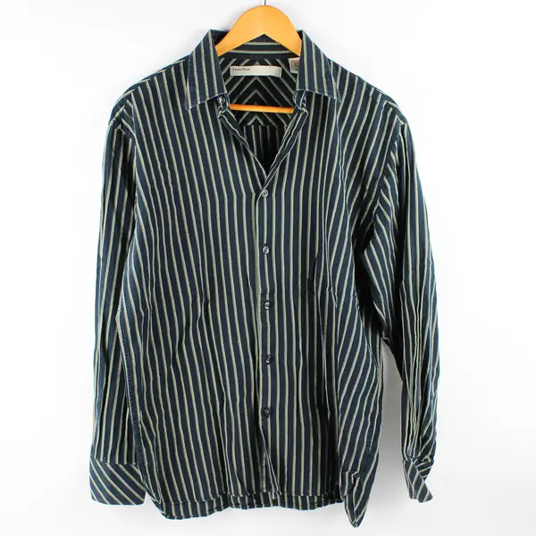 Perry Ellis Men's M Blue Green 100% Cotton Long Sleeve Button Up Dress Shirt