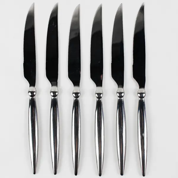 Lot of 6 Mikasa Ballet Pattern 18/10 Stainless Steak Knives 9.5" Plastic Sleeves