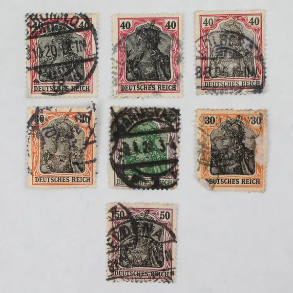 Lot Of 7 Germany Deutsches Reich Germania 30/40/50 Pfennig 1 Mark Stamps Used