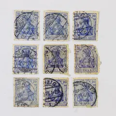 Lot Of 9 Germany Deutsches Reich Germania 20 Pfennig Stamps Used