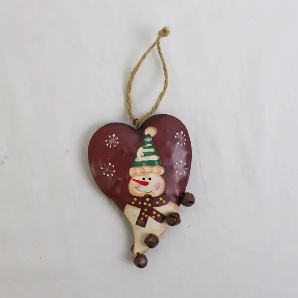 Vintage Kitsch Painted Snowman Metal Heart Christmas Ornament