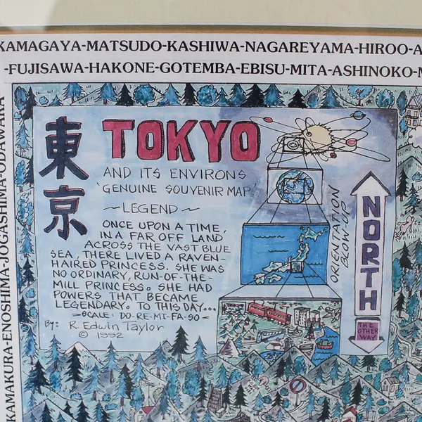 Tokyo Japan Doodle Art Map Poster Print R Edwin Taylor 1992 Matted and Framed