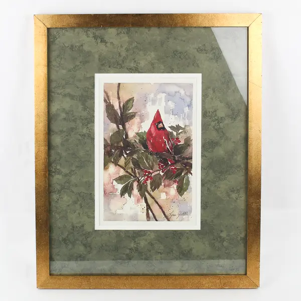 Lynn Gobble Red Cardinal Framed Watercolor Print Matted and Framed