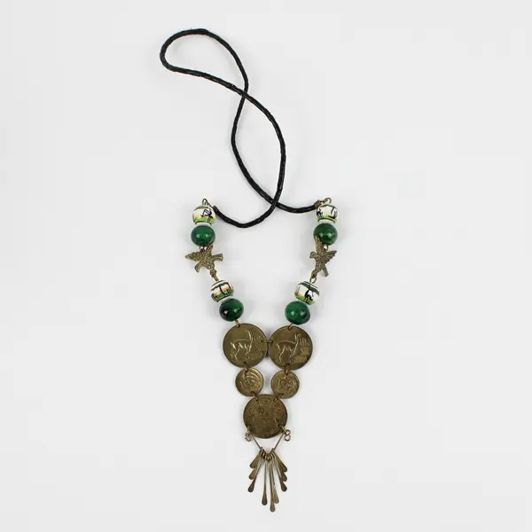 Vintage Peruvian Sol Coin Green Ceramic Beaded Necklace 16.5"