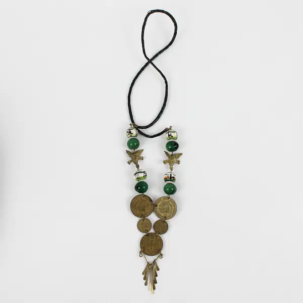 Vintage Peruvian Sol Coin Green Ceramic Beaded Necklace 16.5"