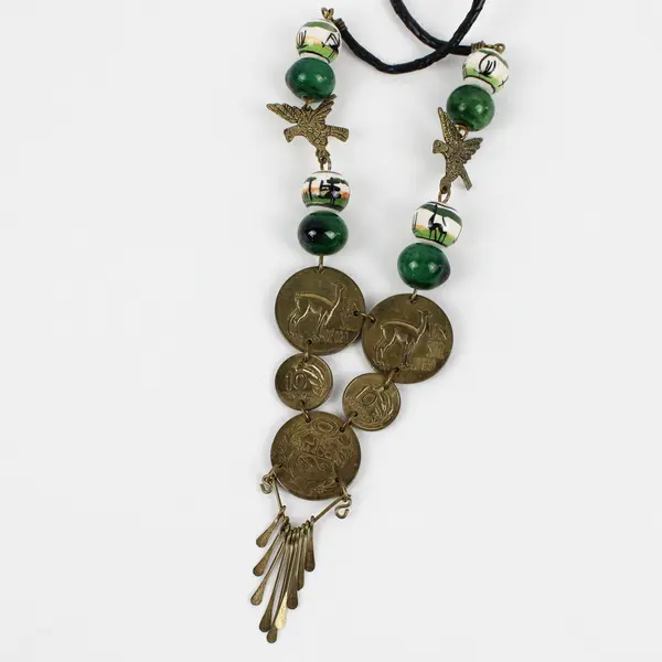 Vintage Peruvian Sol Coin Green Ceramic Beaded Necklace 16.5"