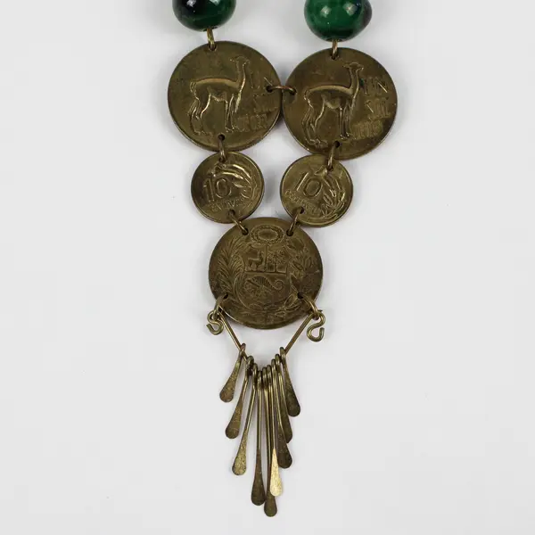 Vintage Peruvian Sol Coin Green Ceramic Beaded Necklace 16.5"