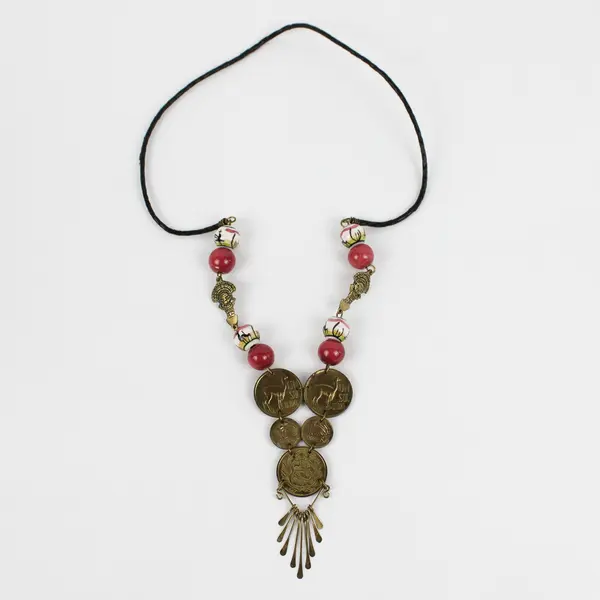 Vintage Peruvian Sol Coin Pink Ceramic Beaded Necklace 16.5"